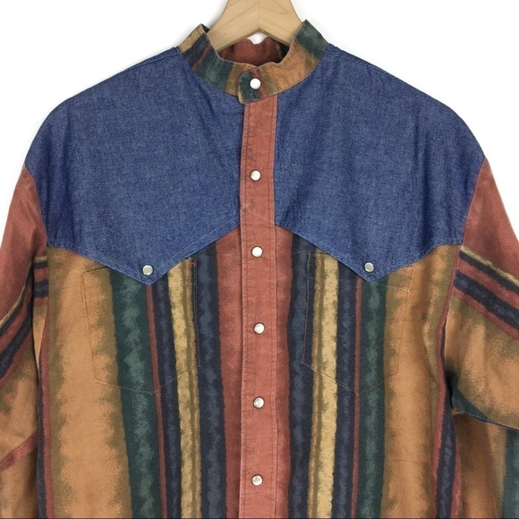 VINTAGE Pearl Snap Shirt Western Rodeo Cowboy Long Sleeve Stripe Denim Placket - Picture 2 of 9